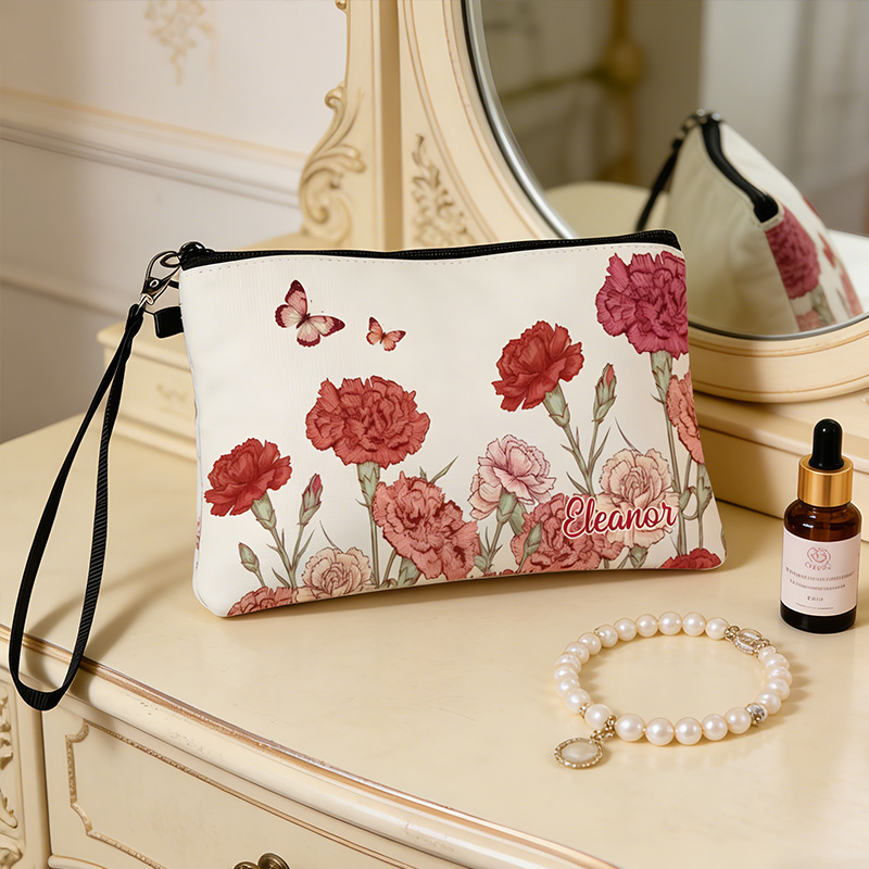 Personalized Name Linen Handbag Mother's Day Birthday Flowers with Zipper and Wrist Strap Gift for Mom
