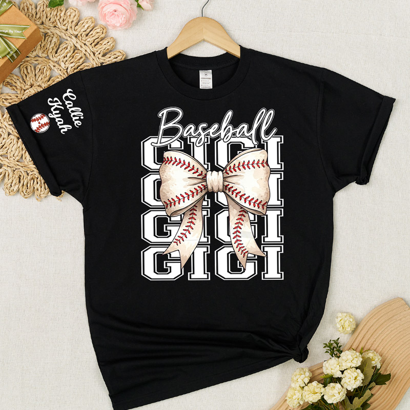 Personalized Bow Tie Baseball Softball Mama T-Shirt Customized with Names Gift for Baseball and Softball Moms and Grandmas