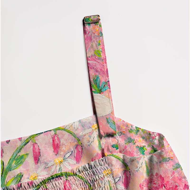 Oil Painting Pink Garden Bee Hand‑Painted Maxi Dress