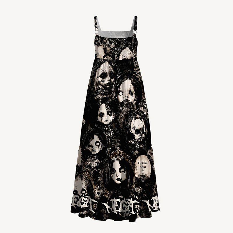 Personalized Gothic Maxi Dress Cracked Horror Doll Print with Custom Name for Her