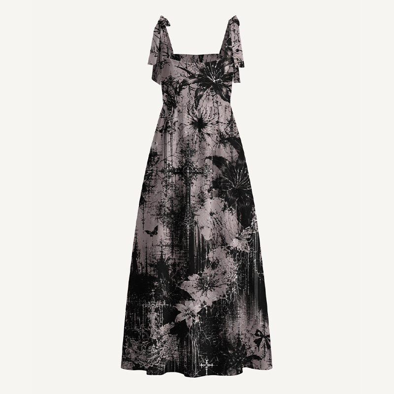 Gothic Maxi Dress Grunge Cross Floral Butterfly Print Tie Strap Tiered Maxi Dress