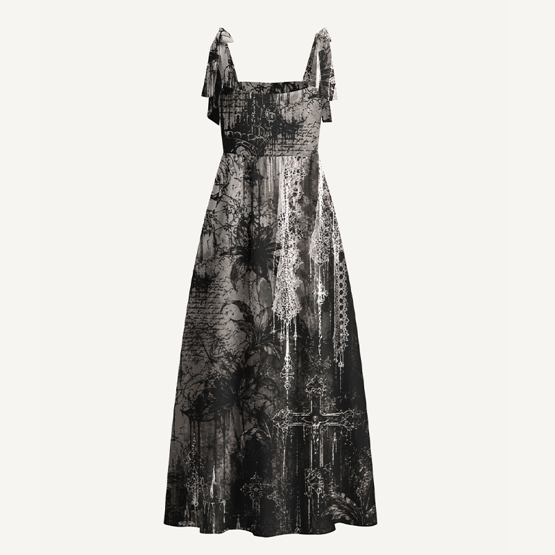 Gothic Maxi Dress Gothic Lace Cross Floral Print Tie Shoulder Strap Flowy Maxi Dress