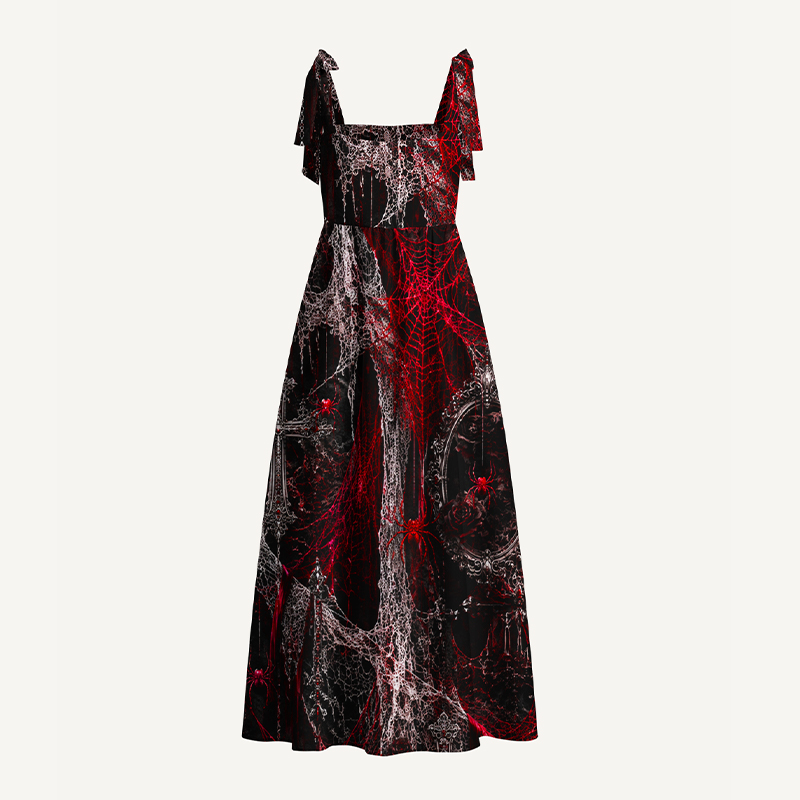 Gothic Maxi Dress Gothic Red Spider Web Rose Print Tie Shoulder Strap Flowy Maxi Dress