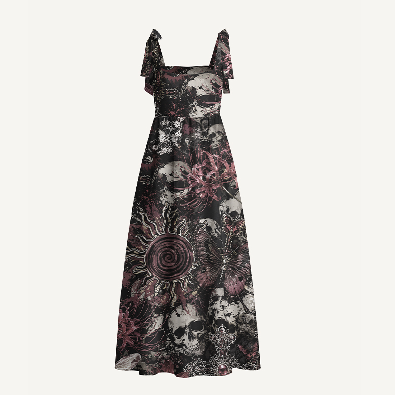 Gothic Maxi Dress Gothic Skull Red Spider Lily Butterfly Cross Print Tie Strap Maxi Dress