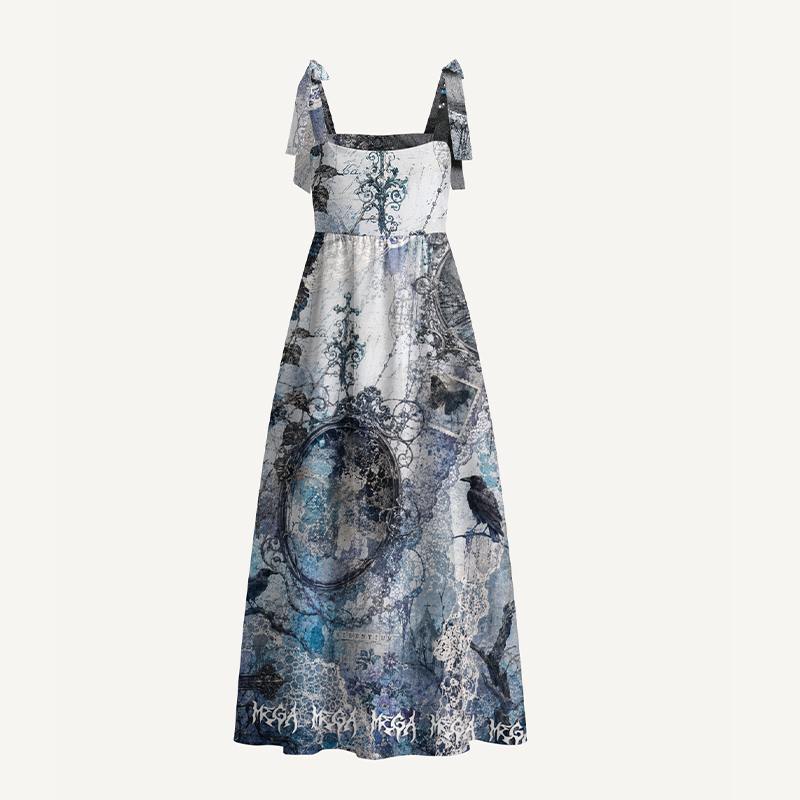 Personalized Gothic Maxi Dress Vintage Gothic Raven Ornate Frame Lace Print Tie Strap Flowy Maxi Dress