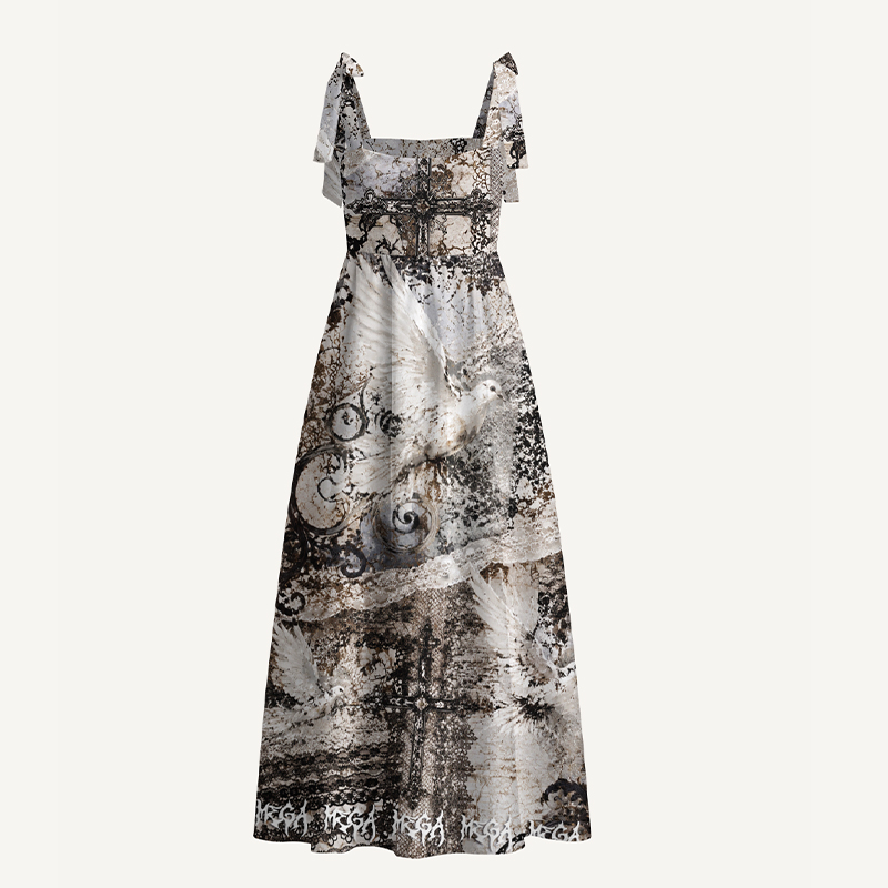Personalized Gothic Maxi Dress Vintage Gothic Dove Cross Distressed Lace Print Tie Strap for Her
