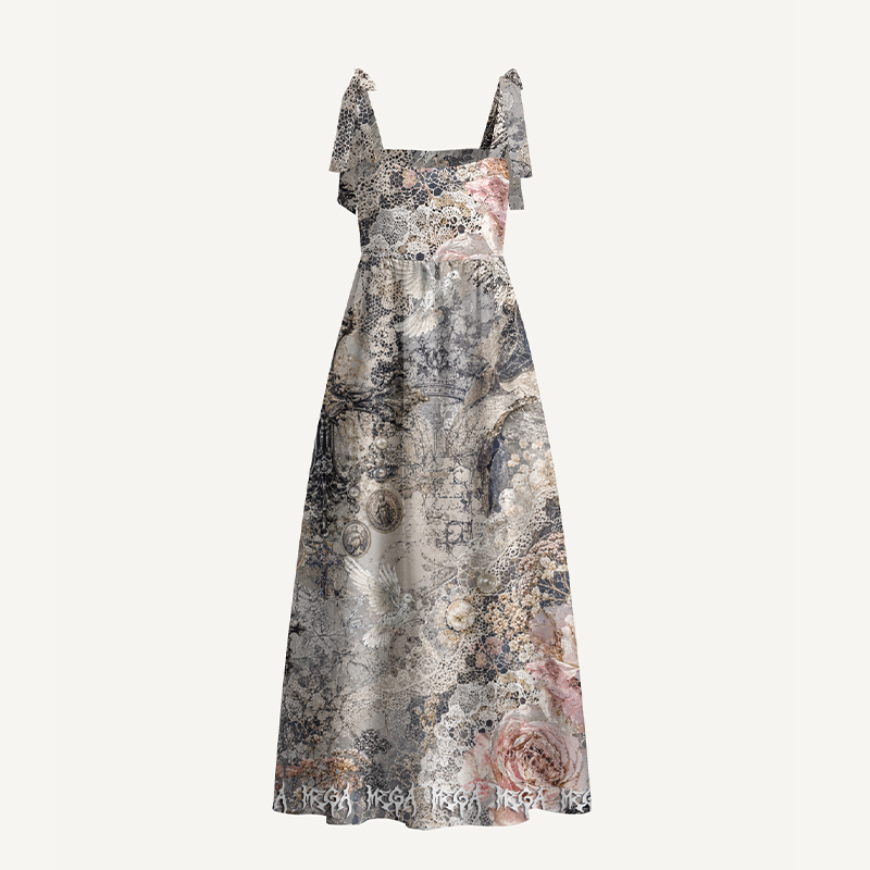 Personalized Gothic Maxi Dress Vintage Gothic Rose Dove Lace Distressed Print Tie Strap Flowy Dress