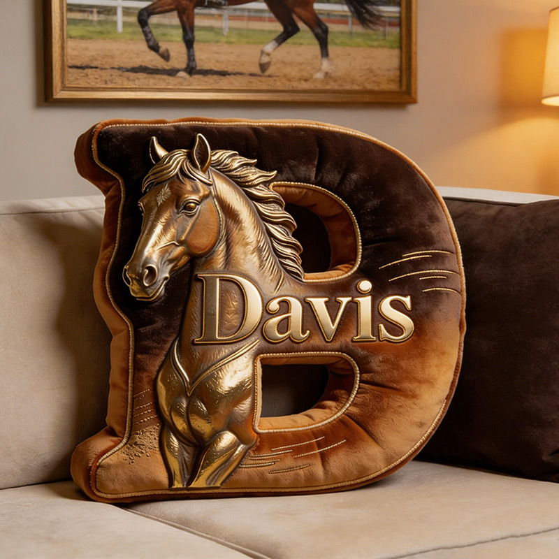 Personalized Horse Letter Pillow Golden Horse Print Custom Name Gift for Equestrian Enthusiasts