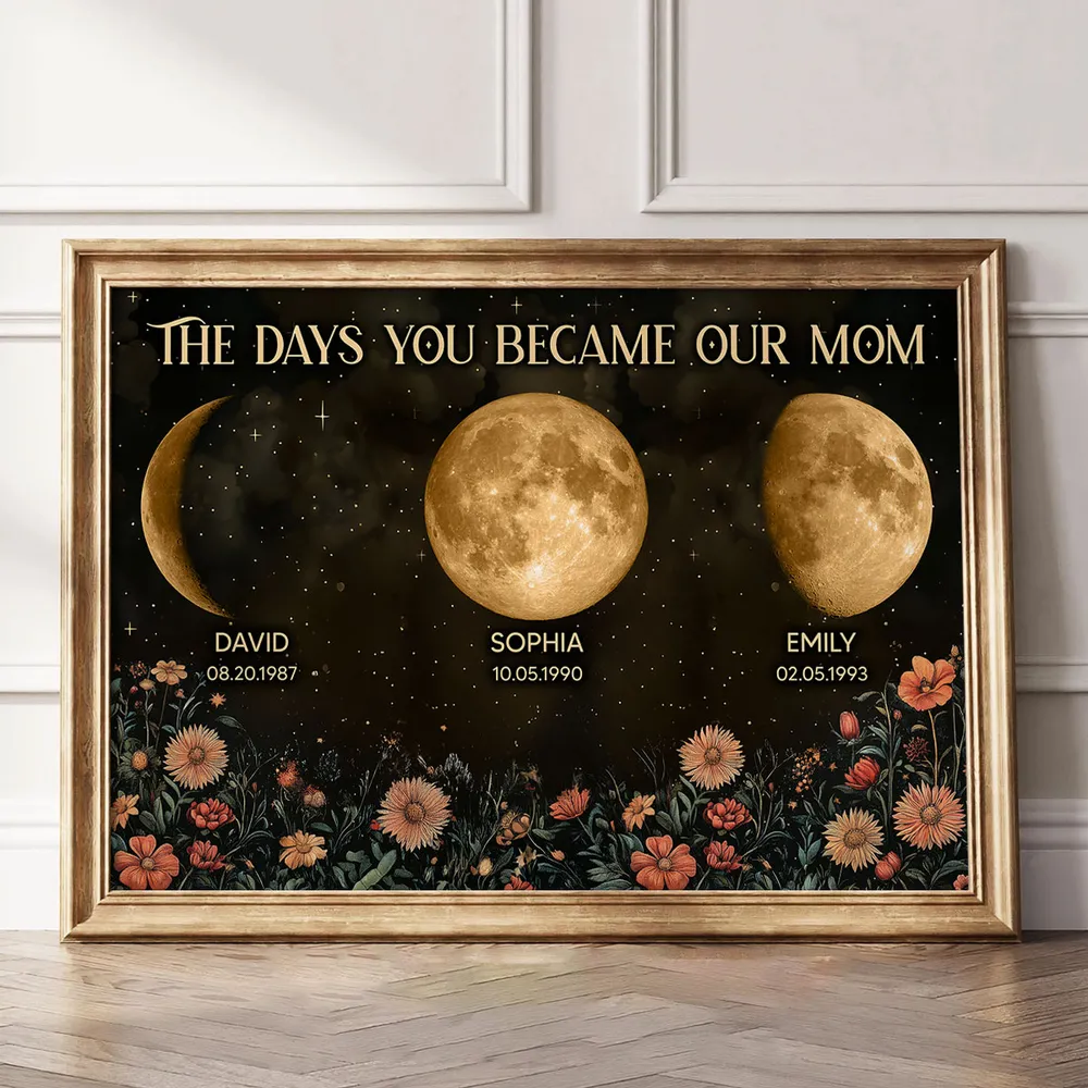 Personalised Moon Phase Family Print – “The Days You Became Our Mum” Custom Poster with Names, Dates & Birth Moons – Unique Mother’s Day Gift