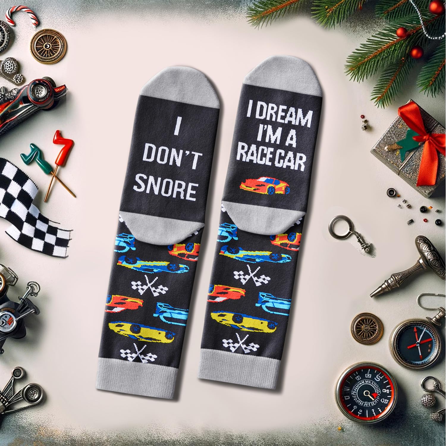 I Don't Snore I Dream I'm A Race Car Funny Novelty Crew Socks Colorful Race Car Pattern Socks Gift For Racing Fans Car Lovers