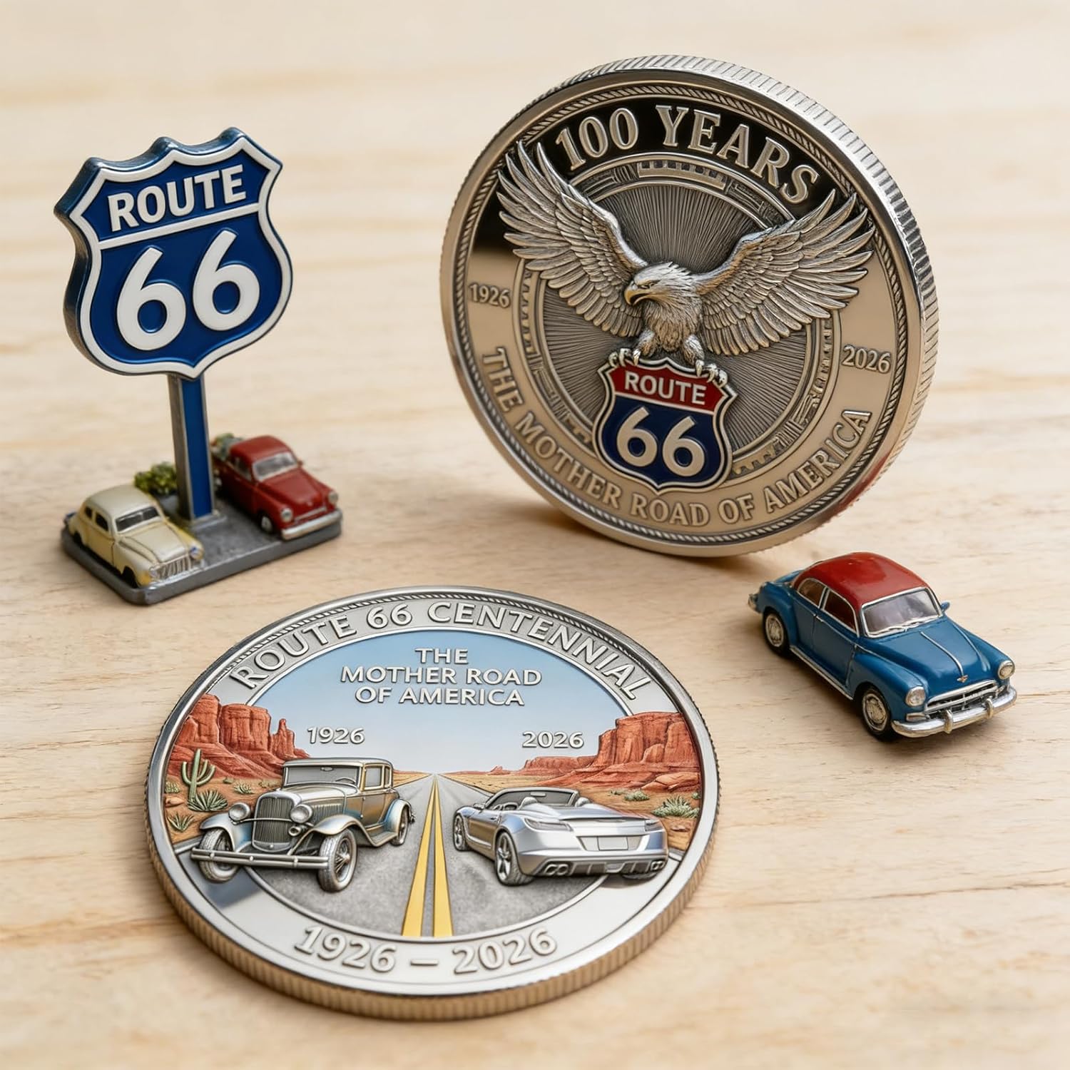 100 Years Route 66 Commemorative Coin The Legendary Mother Road Retro Eagle & Classic Car Embossed Collectible Coin