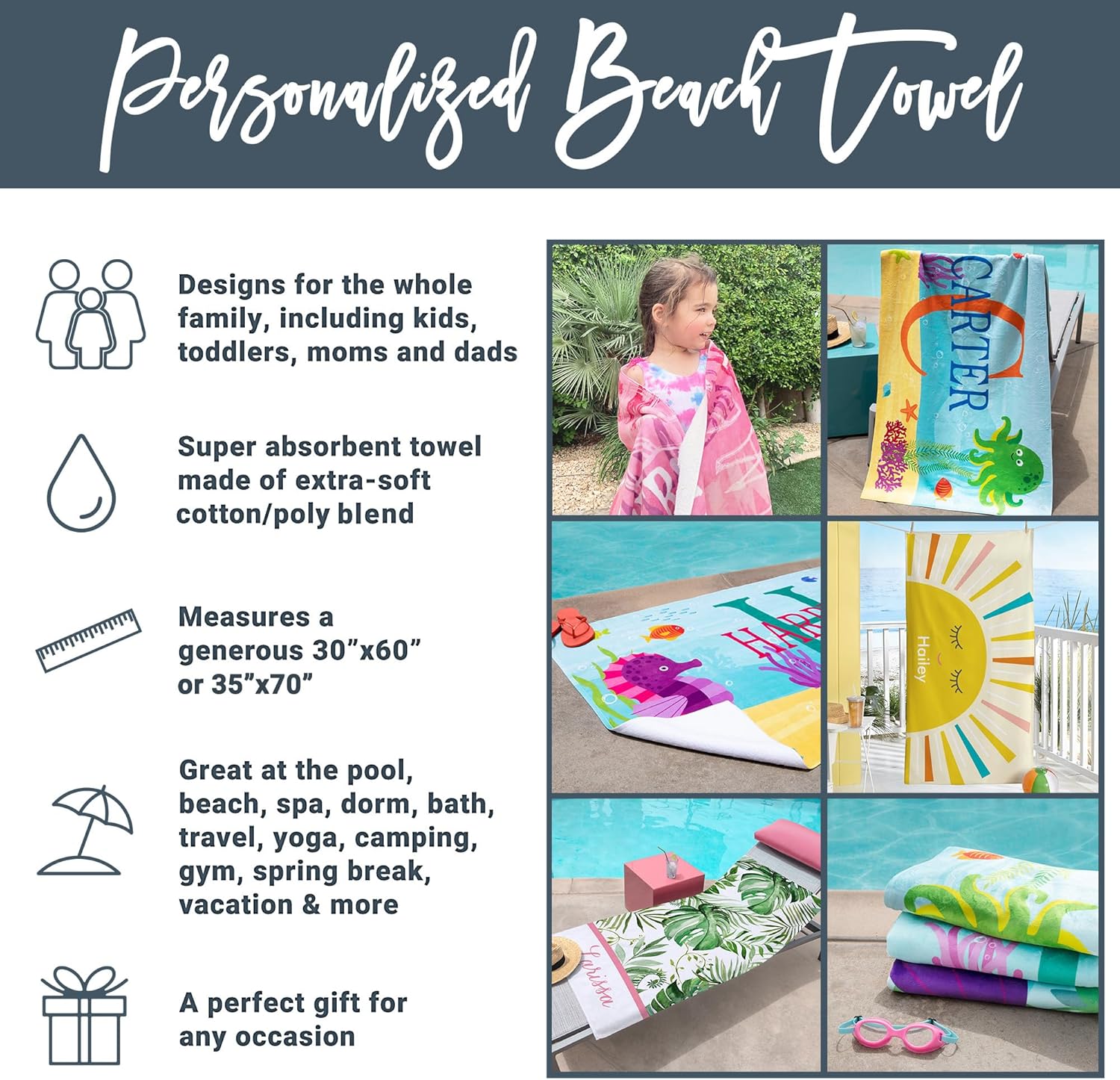 Personalized Kids Beach Towel  Fun Beach Designs Gift For Girls Or Boys Available In 3 Designs Choose From 2 Sizes