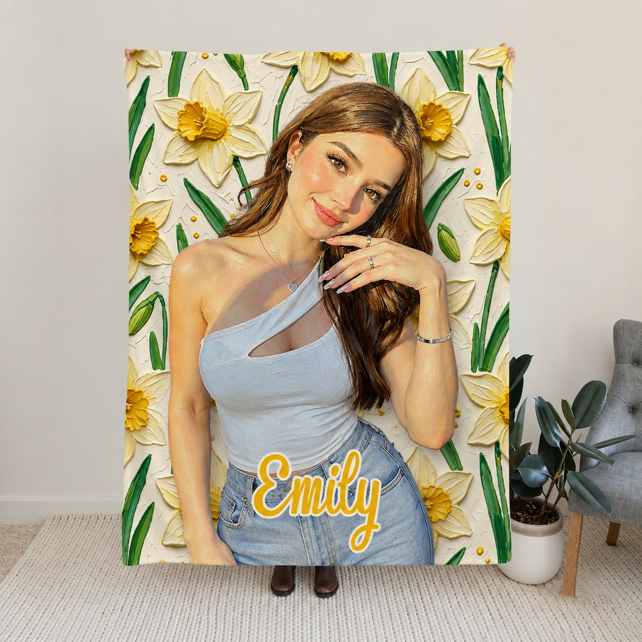 Personalized Birth Flower Flannel Blanket Oil Painting Style Custom Photo and Name Birthday Gift for Her