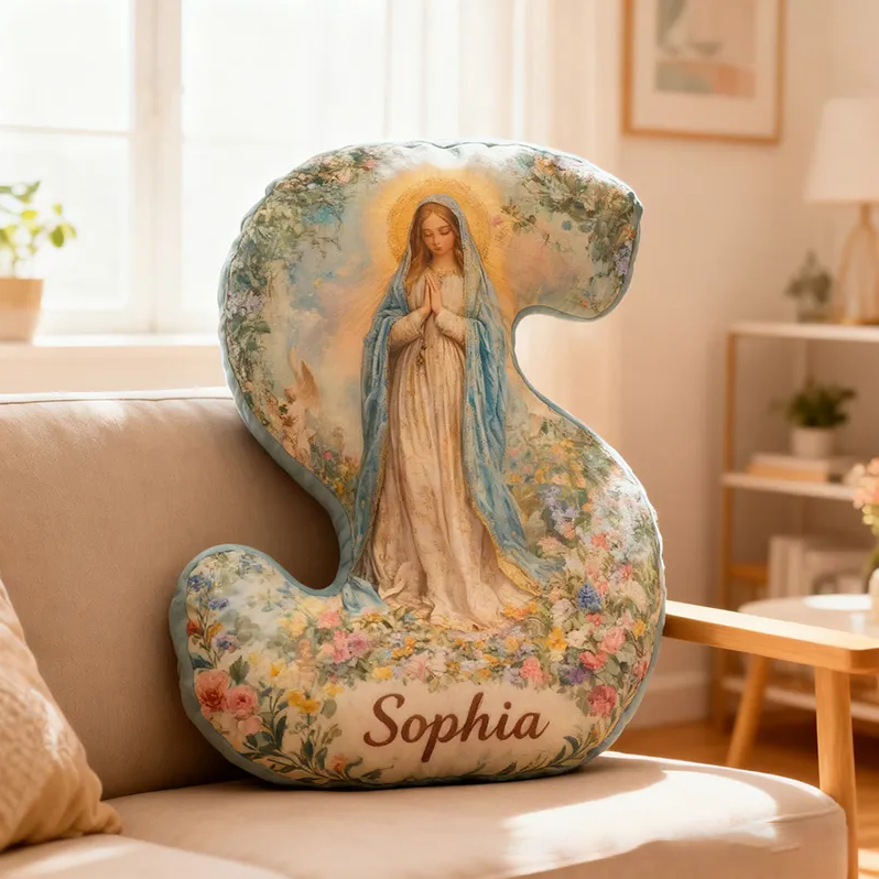Personalized Floral Virgin Mary Graphic 3D Print Letter Pillow with Custom Name Home Decor Religious Gift Catholic Faith Gift for Her