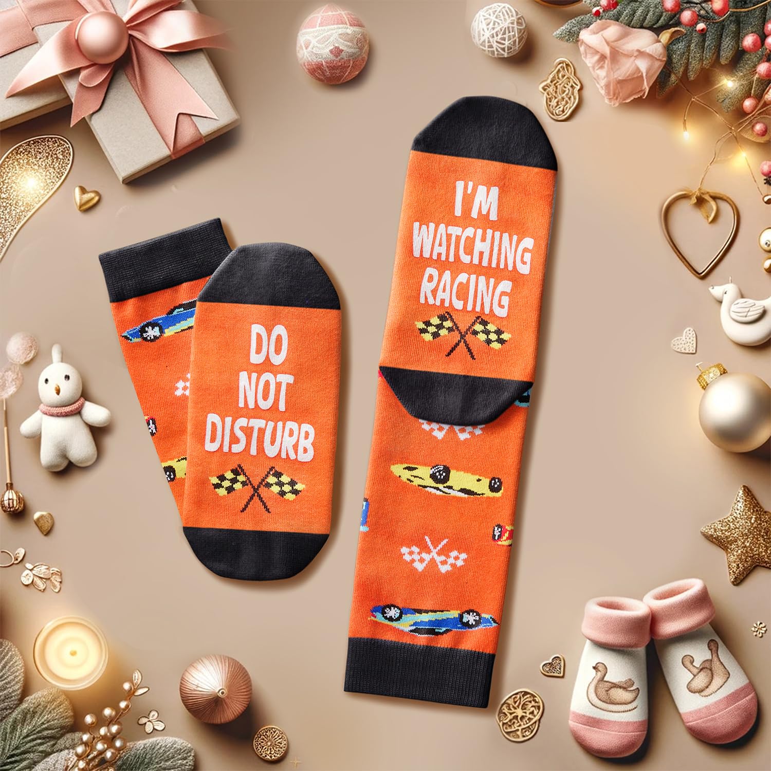 Do Not Disturb I'm Watching Racing Socks Funny Race Car Checkered Flag Novelty Crew Socks Gift For Motorsport Racing Fans