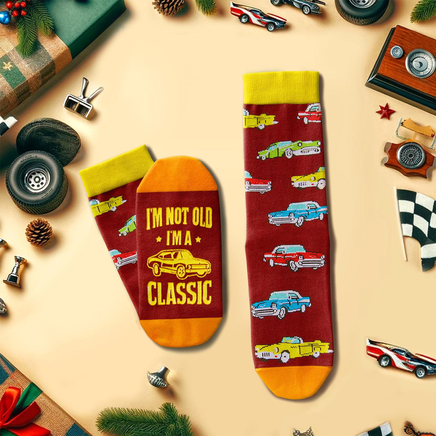 I'm Not Old I'm A Classic Funny Vintage Muscle Car Novelty Crew Socks Classic Car Pattern Socks Gift For Classic Automobile Lovers