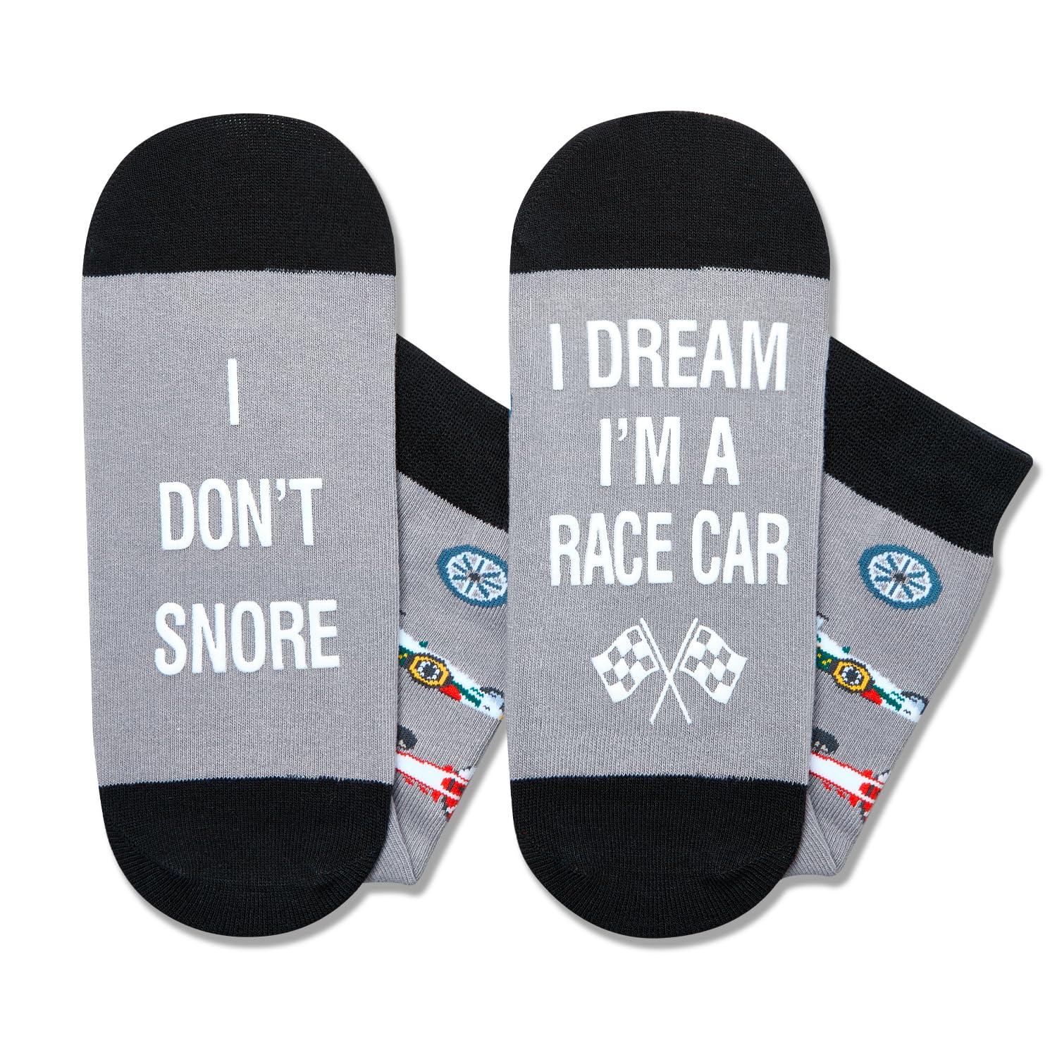 I Don't Snore I Dream I'm A Race Car Funny Checkered Flag Novelty Crew Socks Gift For Racing Car Lovers Motorsport Fans
