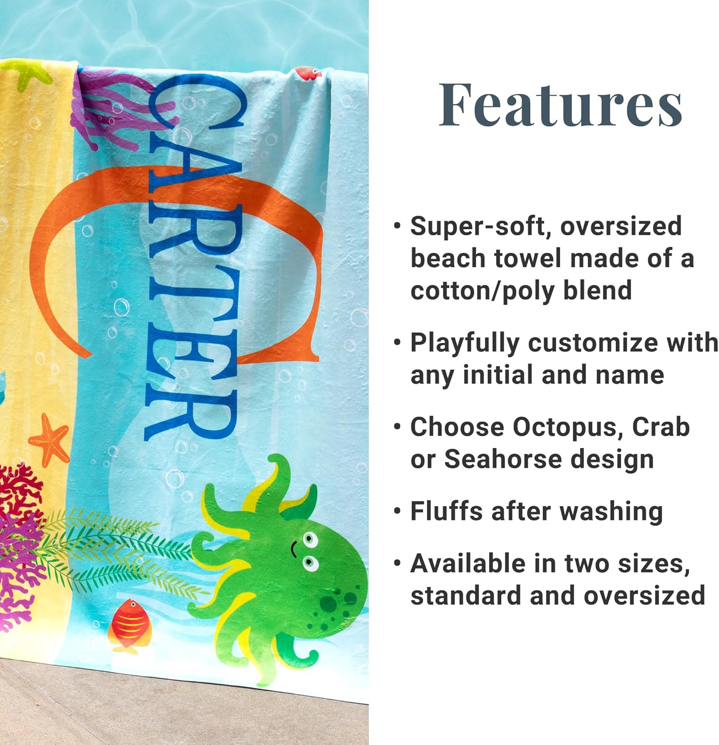 Personalized Kids Beach Towel  Fun Beach Designs Gift For Girls Or Boys Available In 3 Designs Choose From 2 Sizes