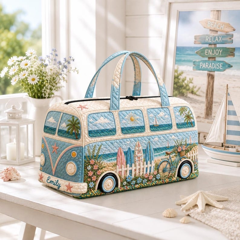 Personalized Quilted Camper Duffel Bag Retro Beach Travel Weekender Tote