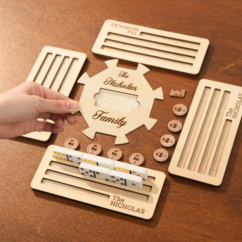 Personalized Wooden Mexican Train Domino Hub & Holder Engraved Basswood Set 11 or 15 Holder Gift for Family