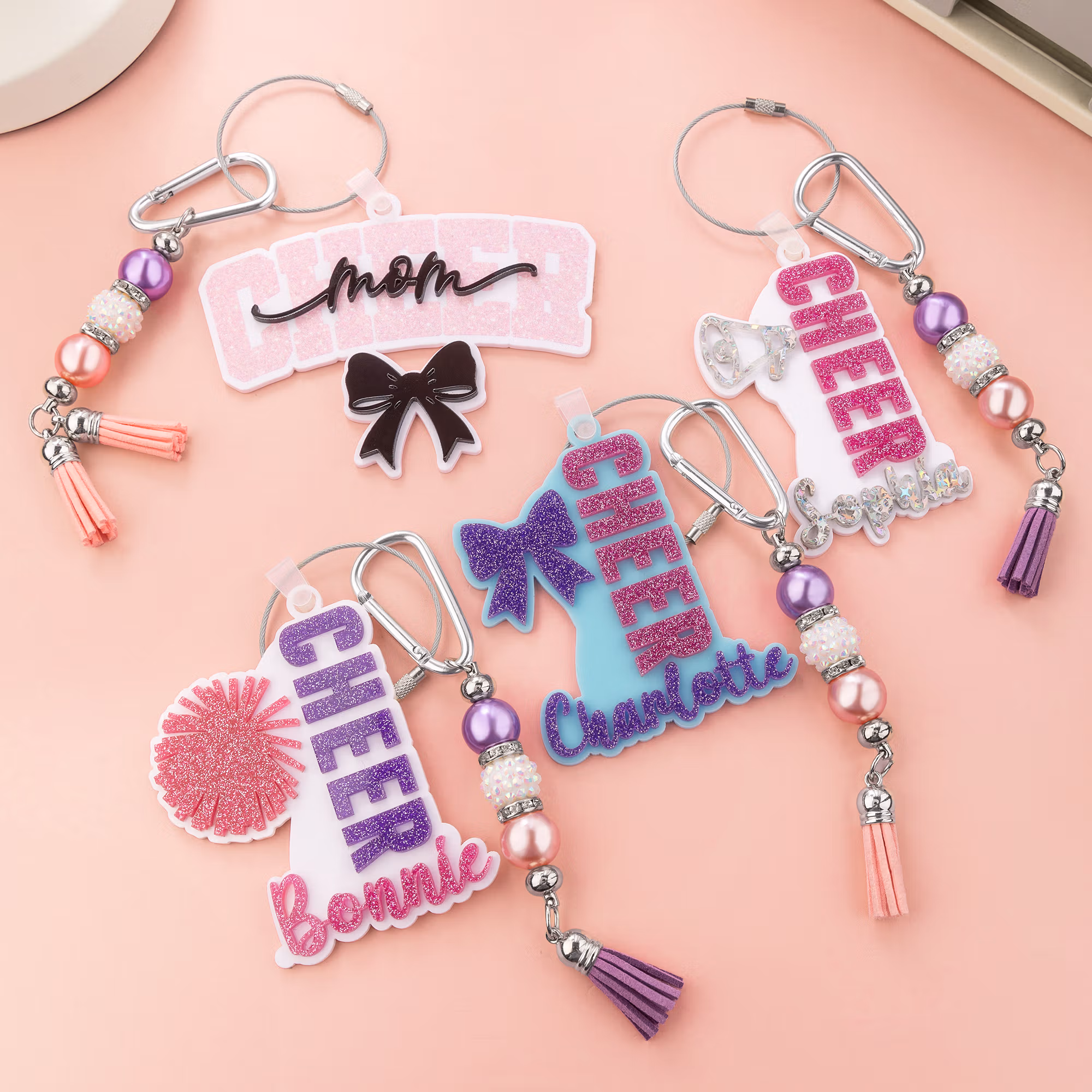 Personalized Glitter Bow Ribbon Cheering Horns Charm Keychain with Name and Tassel Sports Team Birthday Gift for Cheerleader