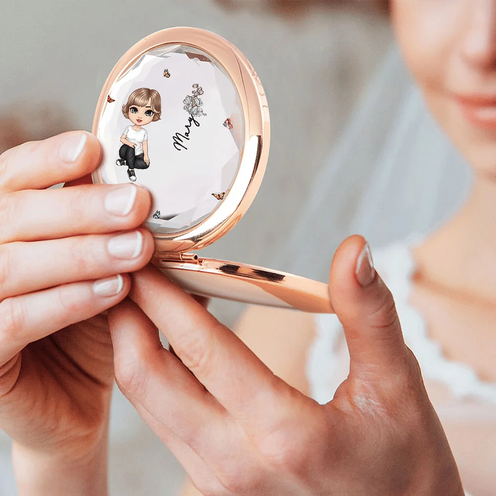Personalized Cartoon Character Compact  Bridesmaid Pocket Makeup Mirror with Birth Flower and Name Birthday Bridesmaid Gift for Her