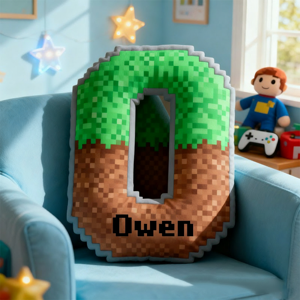 Personalized Pixel Grass Graphic 3D Print Alphabet Shaped Pillow for Game Lovers Initial Pillow Christmas Gift for Kids