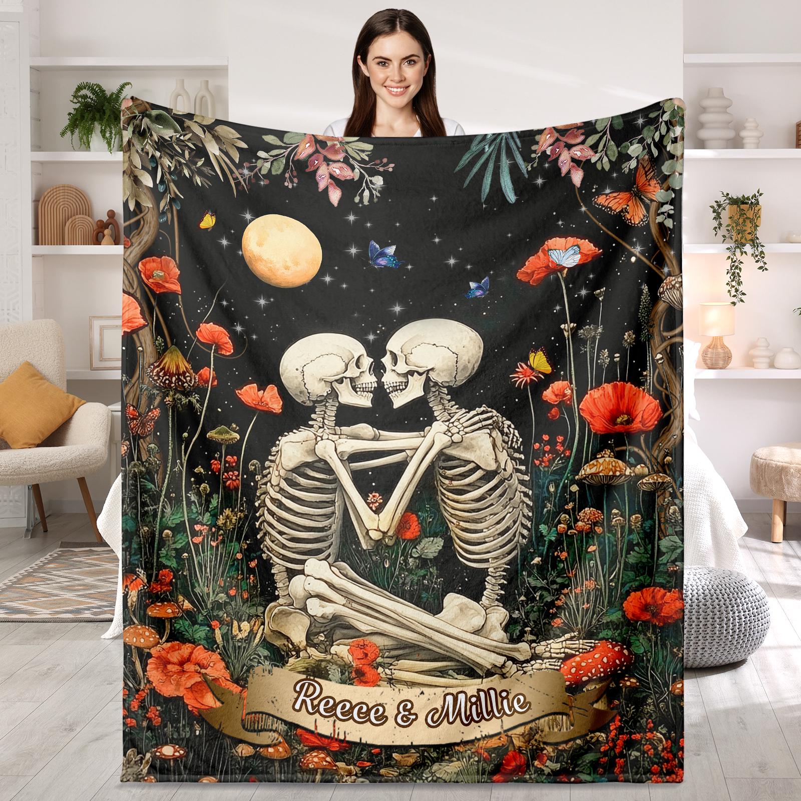 Personalized Couple Skull Blanket with Name Romantic Wedding Gift for Wife Husband Anniversary Blanket Gift
