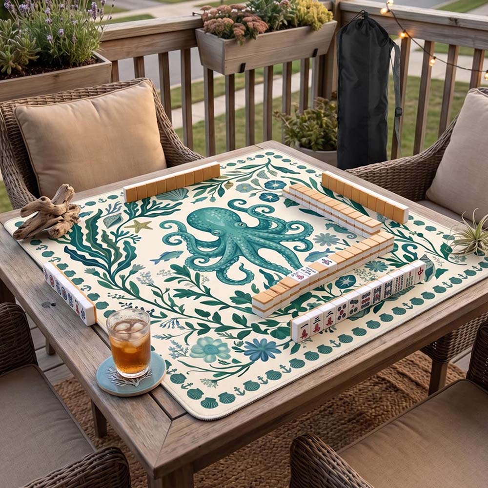 Preppy Octopus Mahjong Playmat Turquoise Coastal Rubber Table Cover for American Mahjong Summer Ocean Theme Mahjong Gift
