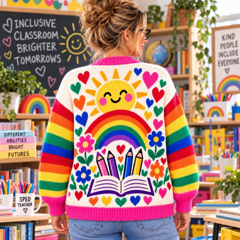 Personalized Teacher Cardigan Custom Name Rainbow Fall Sweater
