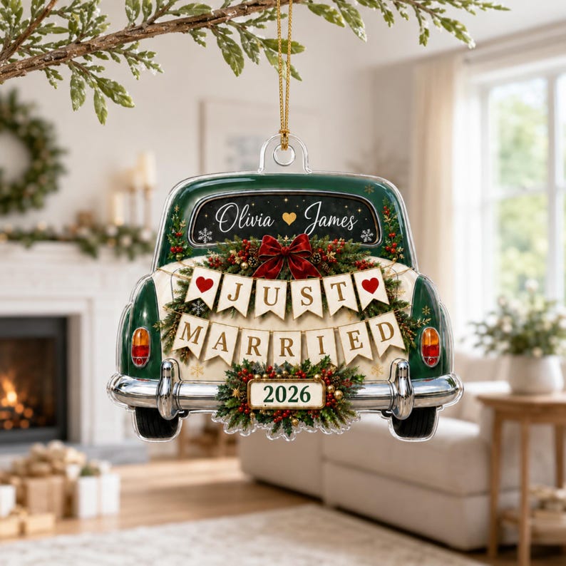 Personalized Just Married Wedding Car Acrylic Ornament 2026, Custom Couple Names Ornament, First Christmas Keepsake, Newlywed Gift
