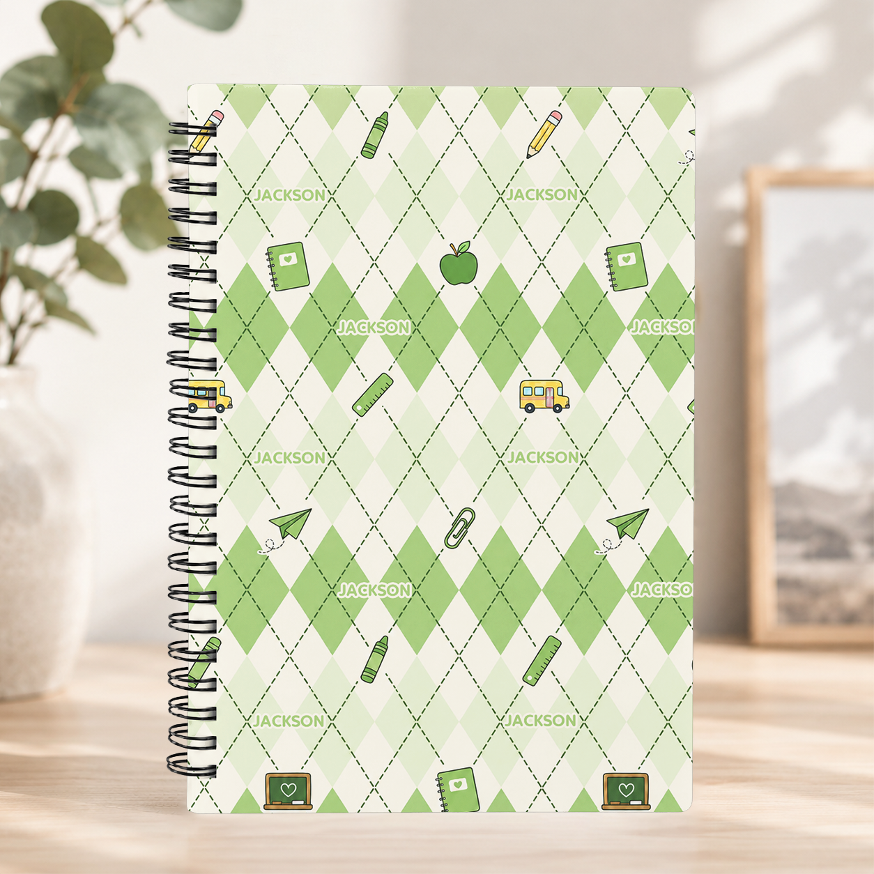 Personalized Pastel Argyle School Icons Pattern Pencils Books Apples Stars Hearts Back To School Spiral Notebook
