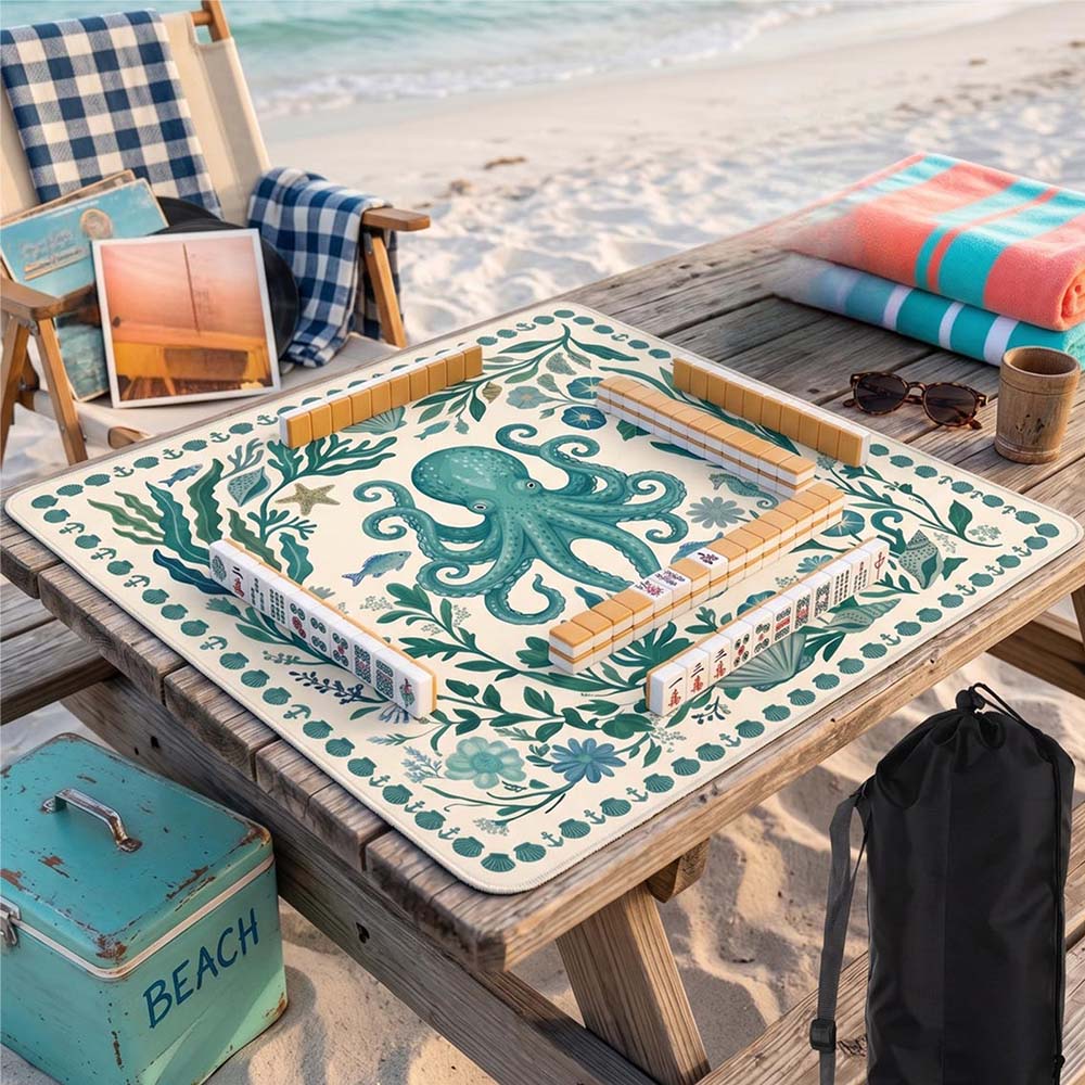 Preppy Octopus Mahjong Playmat Turquoise Coastal Rubber Table Cover for American Mahjong Summer Ocean Theme Mahjong Gift