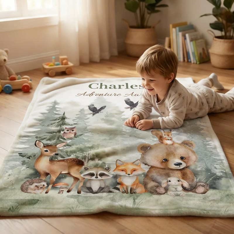 Personalized Watercolor Jungle Animals Soft Throw Blanket with Name and Text Home Decor Birthday Gift for Baby Baby Shower Gift