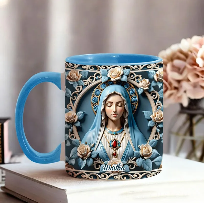 Personalized Mother of God Rosette Wreath Emblem Ceramic Mug with Name Religious Inspirational Gift Faith Gift Catholic Gift for Women