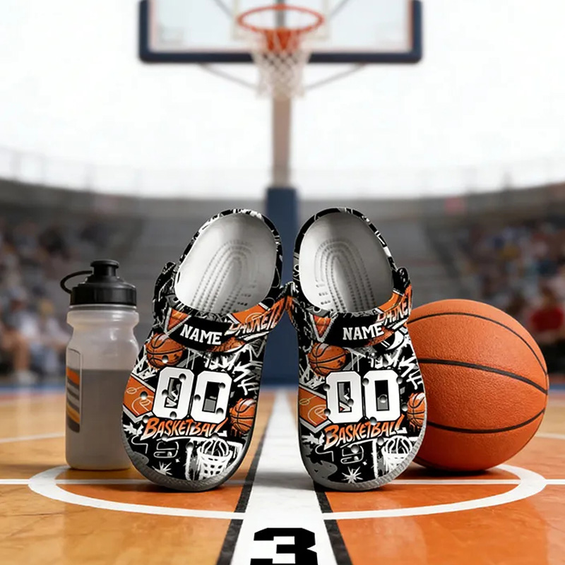 Personalized Basketball-Themed Crocs with Custom Name and Number for Sports Enthusiasts