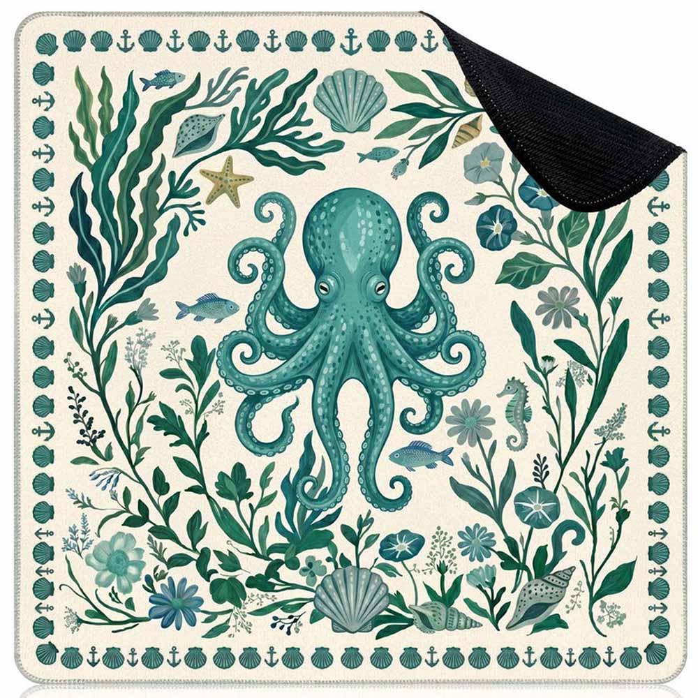 Preppy Octopus Mahjong Playmat Turquoise Coastal Rubber Table Cover for American Mahjong Summer Ocean Theme Mahjong Gift