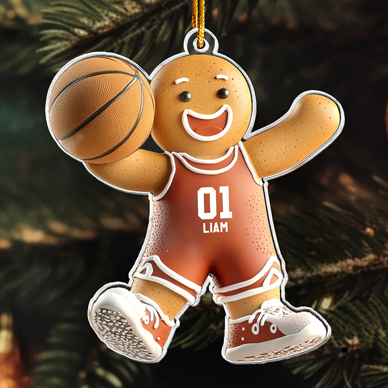 Personalized Gingerbread Basketball Player Ornament with Custom Name and Number Design