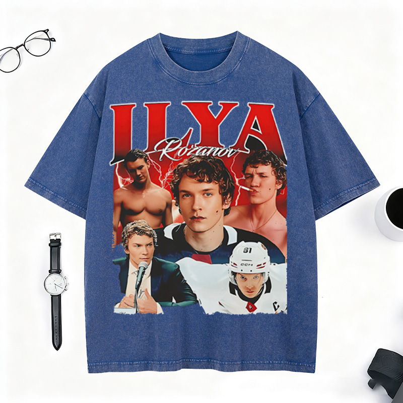 Personalized Ice Hockey Fans Washed T-Shirt with Custom Red Lightning Image Gift for Fans