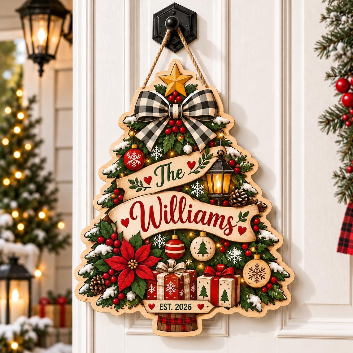 Personalized Christmas Tree Door Hanger, Custom Family Name Door Sign, Farmhouse Holiday Front Door Decor, Family Christmas Gift