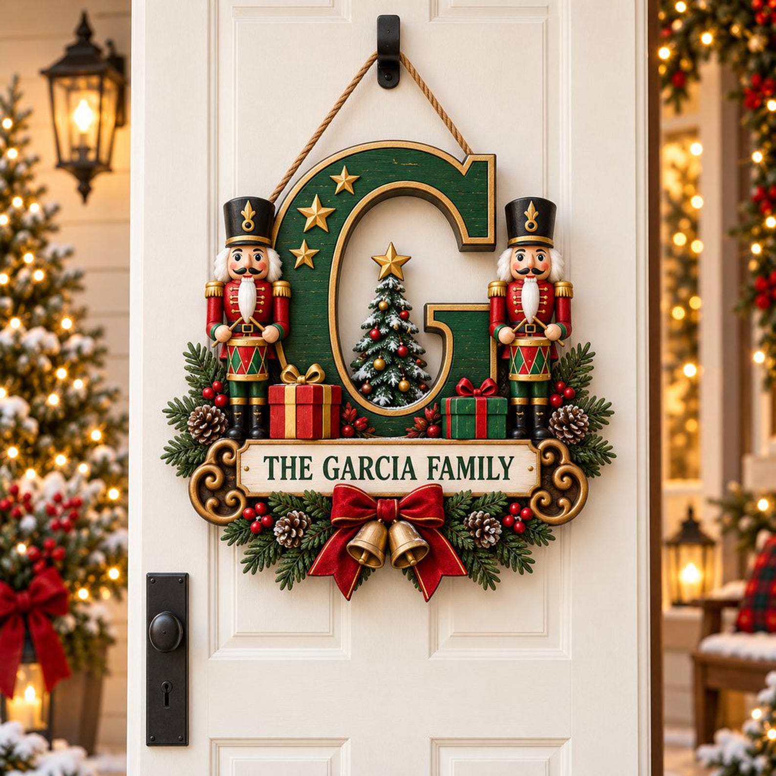 Personalized Nutcracker Christmas Wooden Door Sign, Family Name Initial Hanger, Red Green Holiday Monogram Decor, Festive Housewarming Gift
