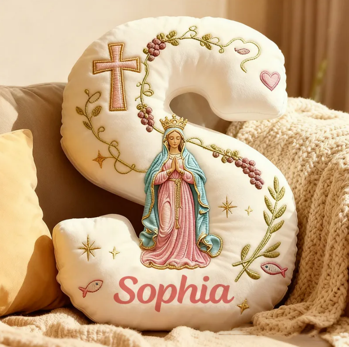 Personalized Cross Virgin Mary Letter Pillow with Custom Name Home Decor Graphic 3D Print Pillow Religious Faith Gift Catholic Gift