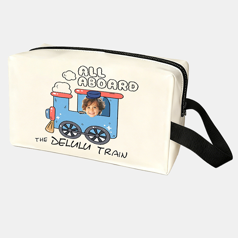 Personalized Cartoon Train Conductor Custom Kids Name and Face Toiletry Bag Design for Kids Travel Gifts and Daily Use
