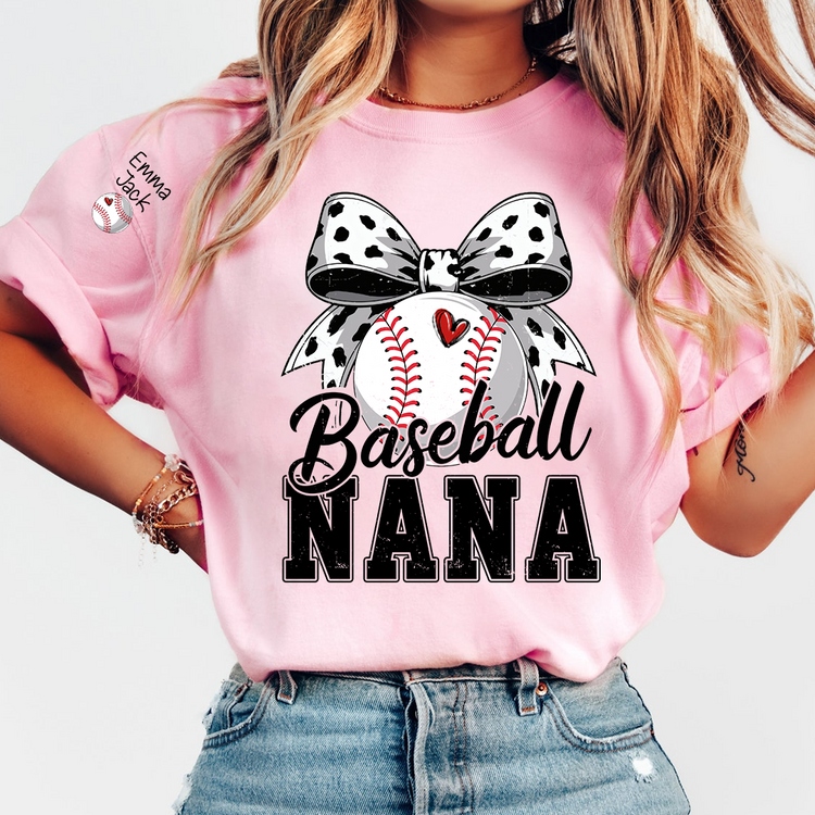 Personalized Baseball Nana Shirt – Custom Grandma T‑Shirt with Bow and Name, Gift for Proud Baseball Grandma