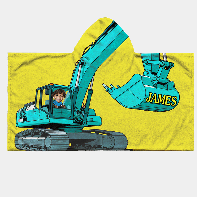 Personalized Vibrant Modern Excavator Print Hooded Blanket Custom Name and Photo Practical Fun Gift for Kids Indoor Outdoor