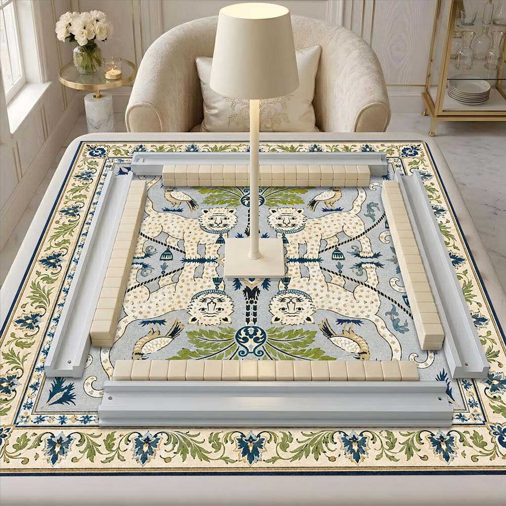 Chinoiserie Leopard Mahjong Mat Jaguar Toile Mahjong Table Cover Blue White Mahj Gift