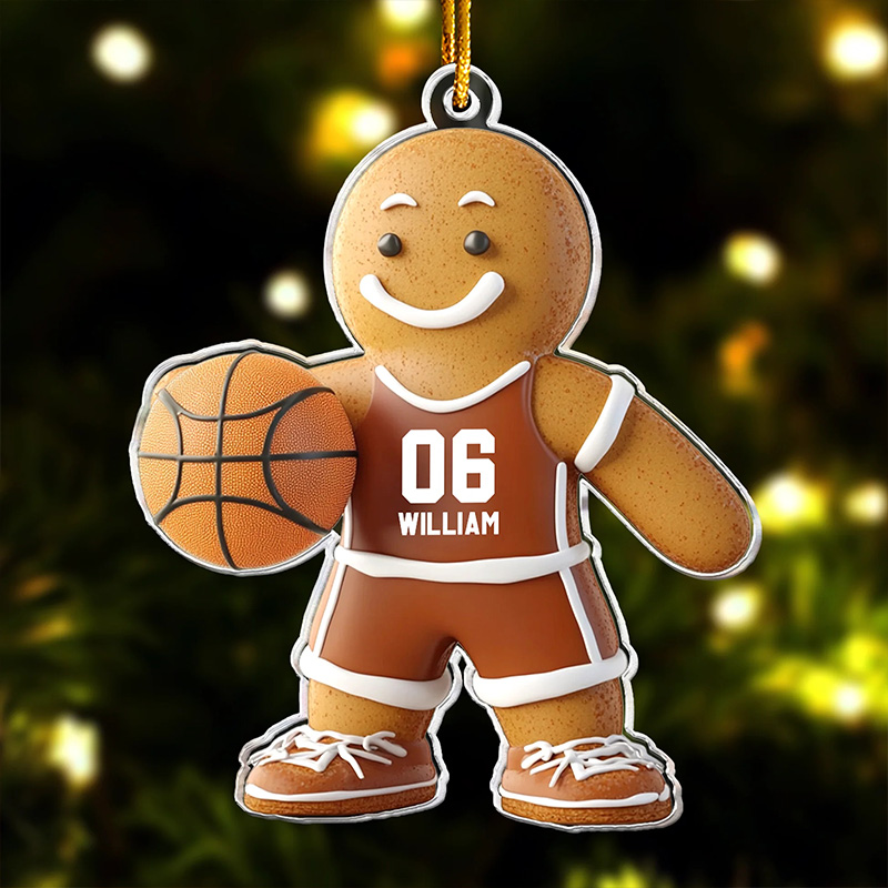 Personalized Gingerbread Basketball Player Ornament with Custom Name and Number Design