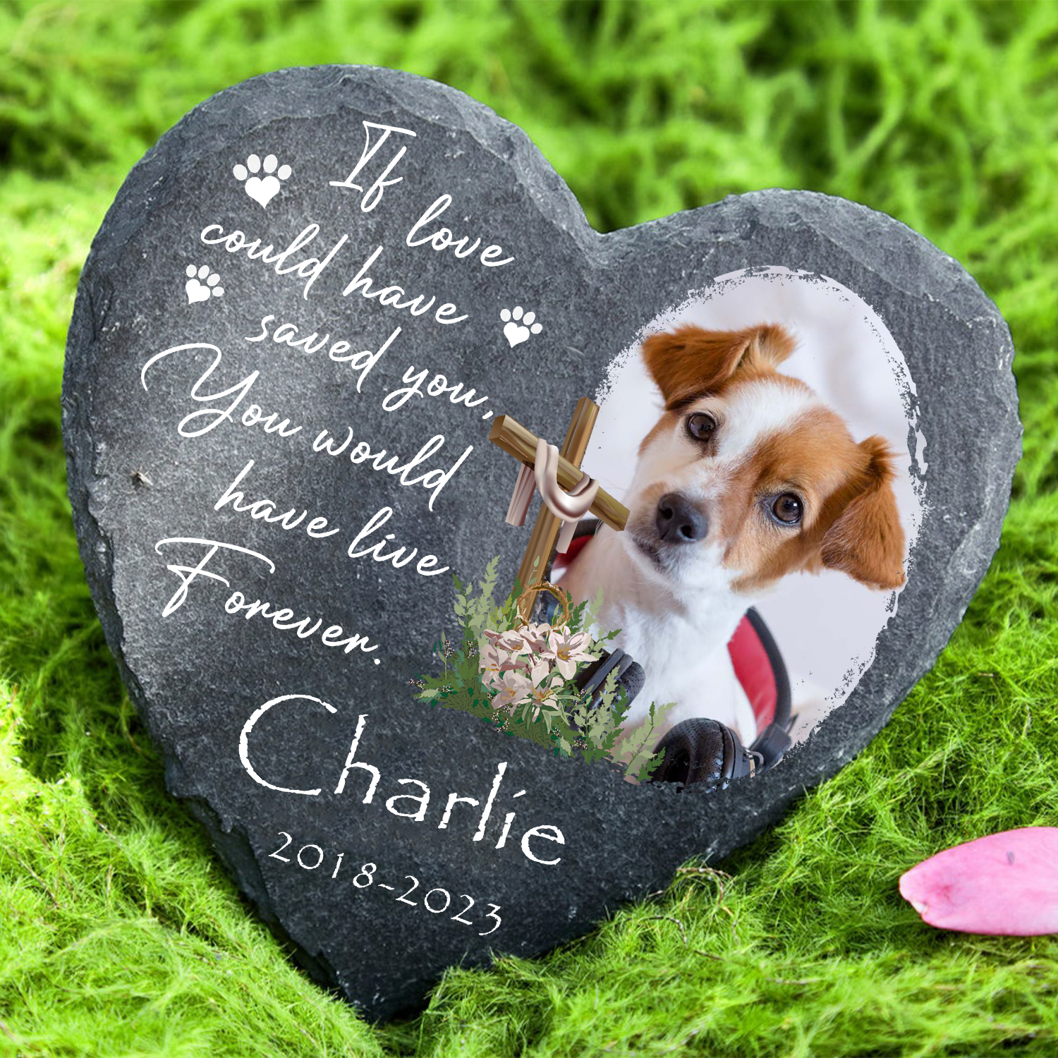 Personalized Dog Photo Christ Corss Flower Custom Dog Memorial Stone, Pet Memorial Gifts - Personalized Custom Memorial Tomstone