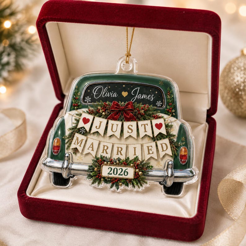 Personalized Just Married Wedding Car Acrylic Ornament 2026, Custom Couple Names Ornament, First Christmas Keepsake, Newlywed Gift