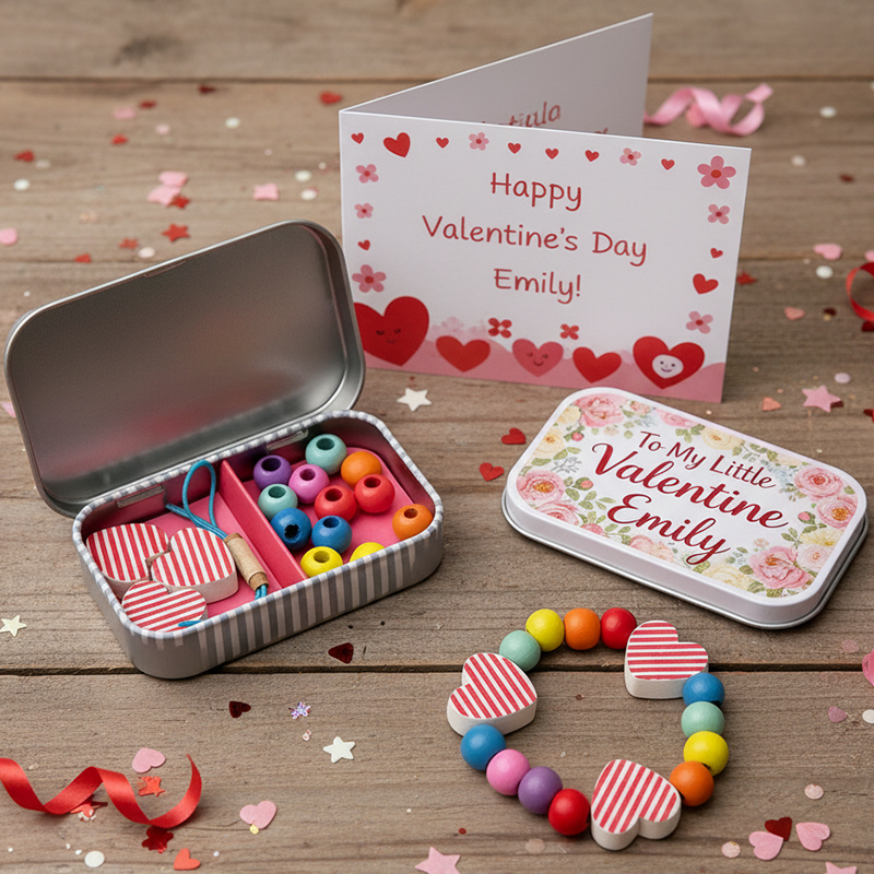 Personalized Valentine's Day Wooden Bead Bracelet Set with Customizable Name Box DIY Handmade Gift For Kids